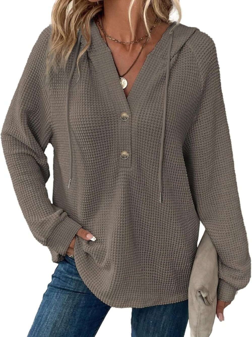 Cozy Waffle Knit Button V-Neck Hoodie for Women | Casual Sweatshirt Top